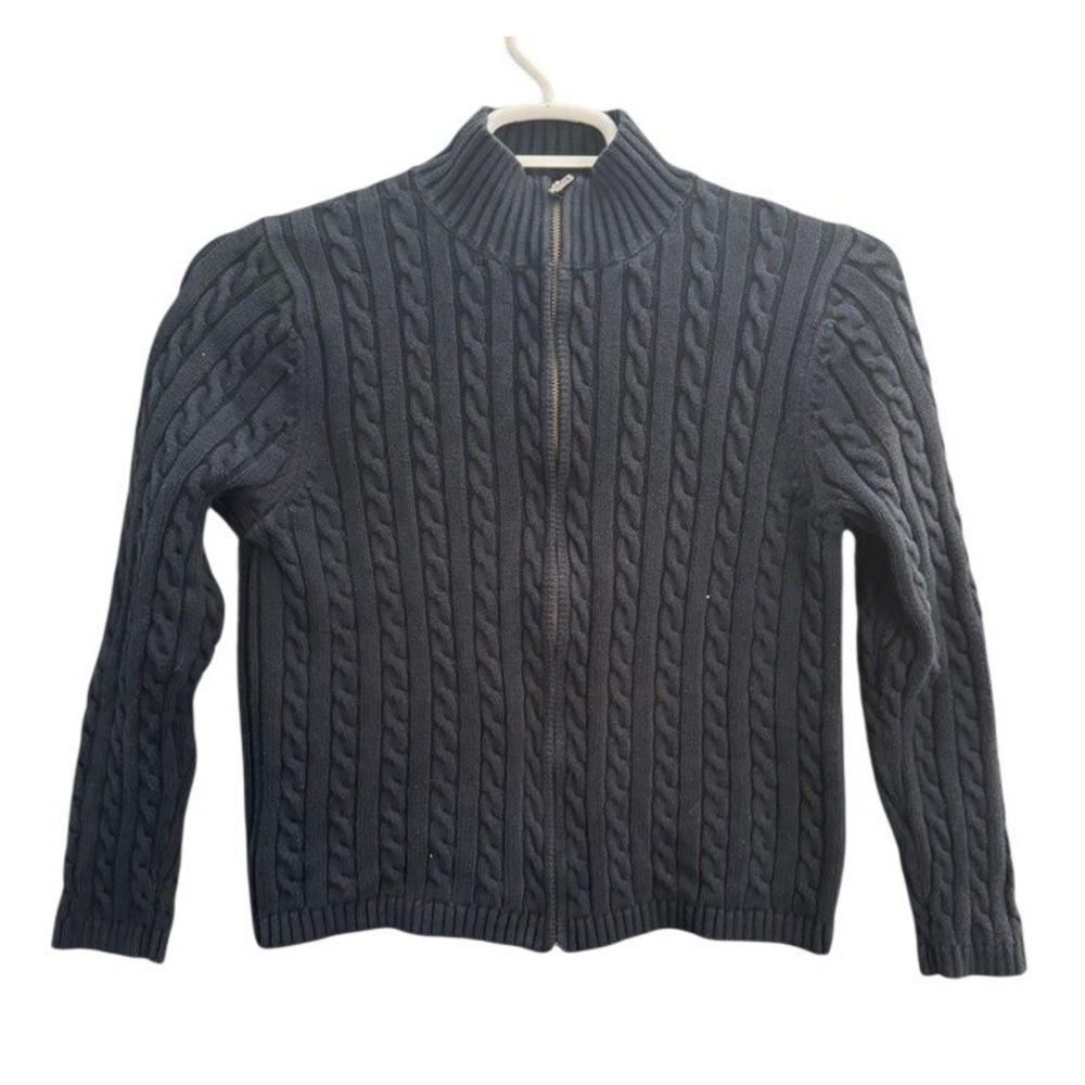 Vintage LLBean Women's Cable Knit Cotton Zip Up Sweater Jacket Navy Blue Size M
